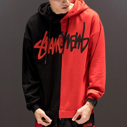Men Patchwork Casual Hoodies Fall Winter Letter Printing Loose Pullover Men High Street Fashion Hooded Sweatshirts